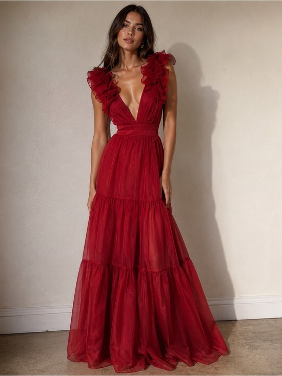 Mac Duggal Dresses & Skirts - NWT Mac Duggal 49528 Wine Organza Ruffle Plunge Tie Back Maxi Gown Sz 2